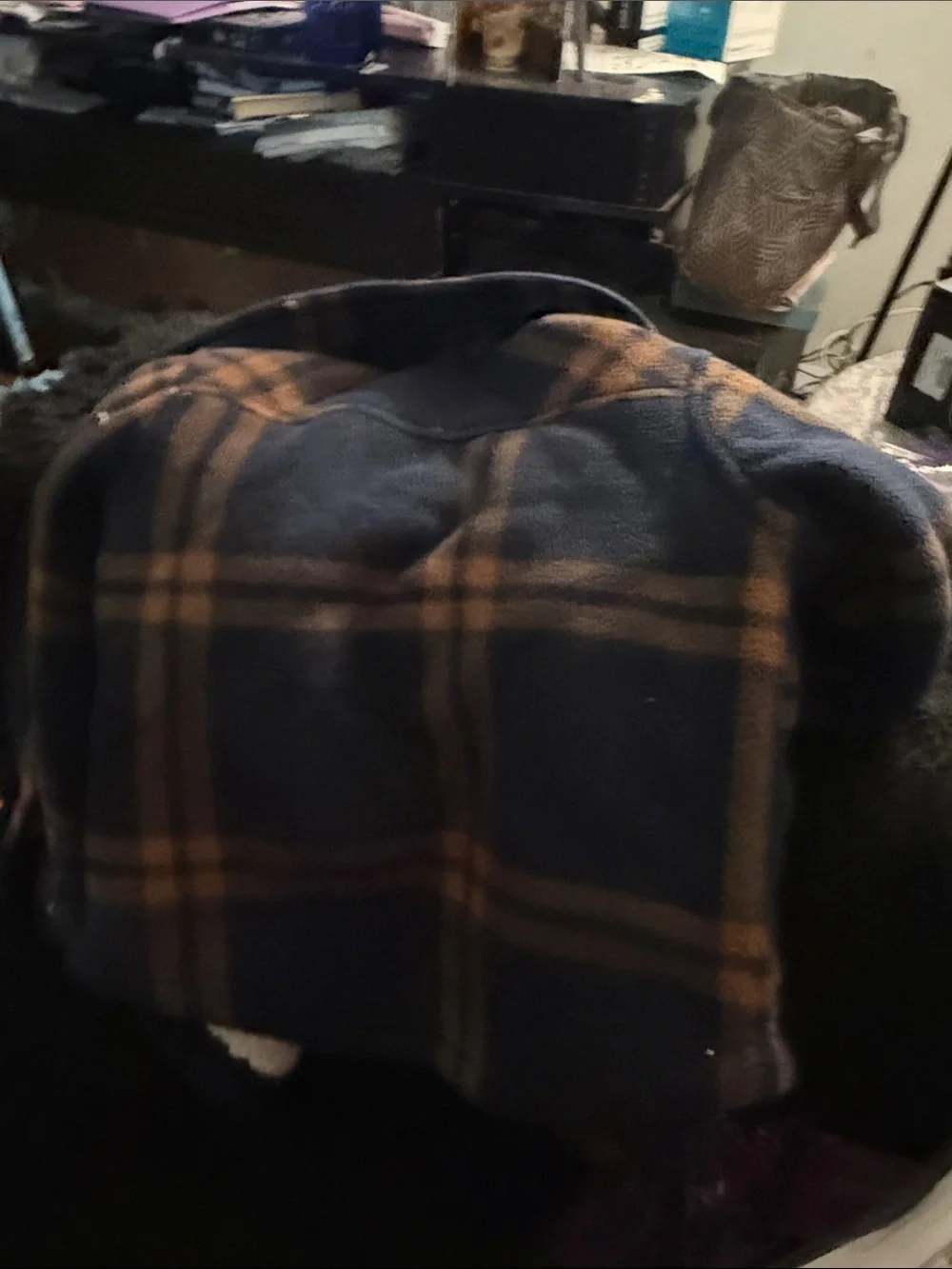 Eddie Bauer Navy and Brown Plaid Sherpa-Lined Jean Jacket